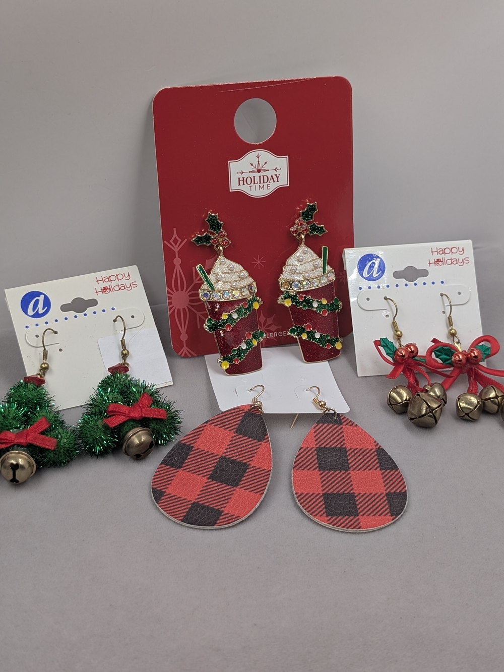4 Pair NWT Christmas Earrings Lot Holiday Time Wreath Bells Plaid | 1108